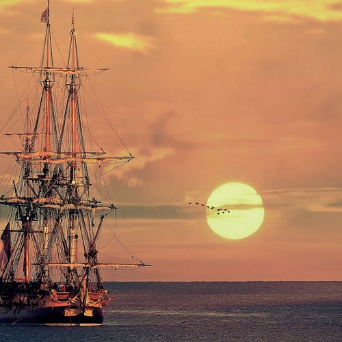 Seegelschiff vor Horizont mit Sonne und Ozean
